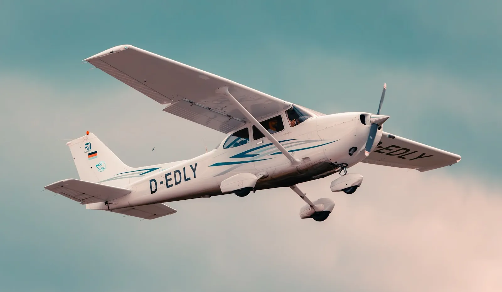 A light aircraft in flight with its registration D-EDLY clearly visible