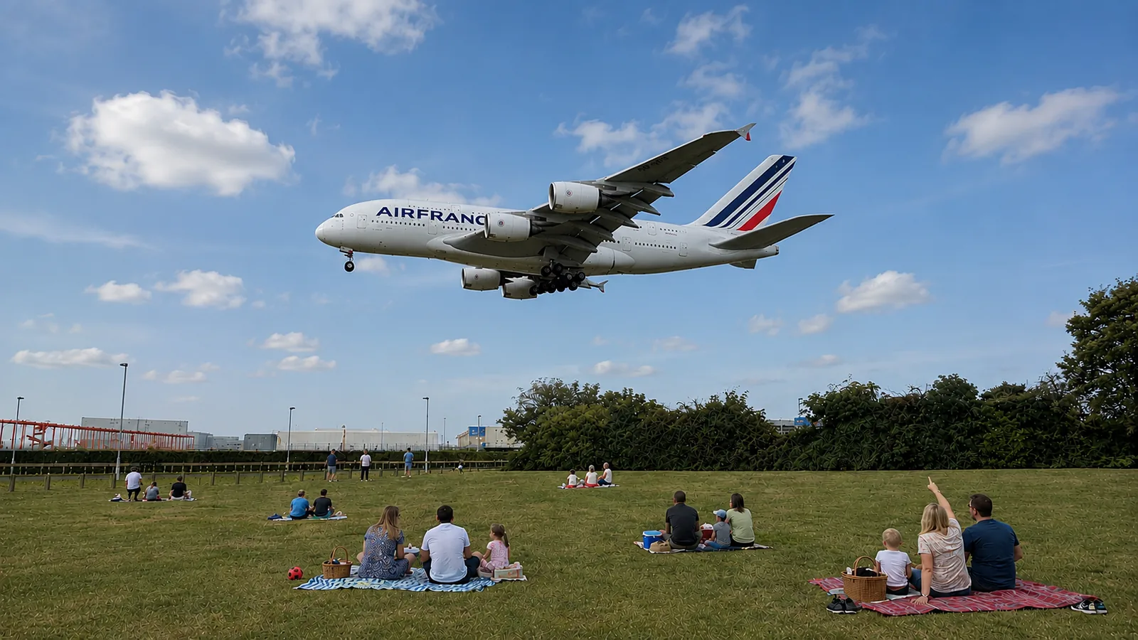 An airliner on short final over Myrtle Avenue, the famous Heathrow plane spotting spot