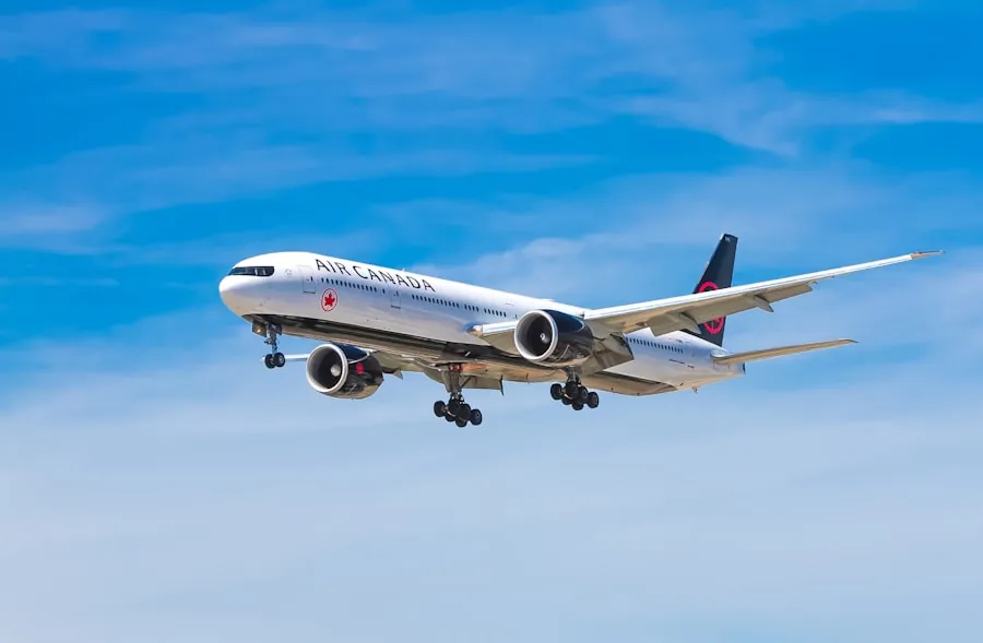 Wide-body airliner on approach against a blue sky