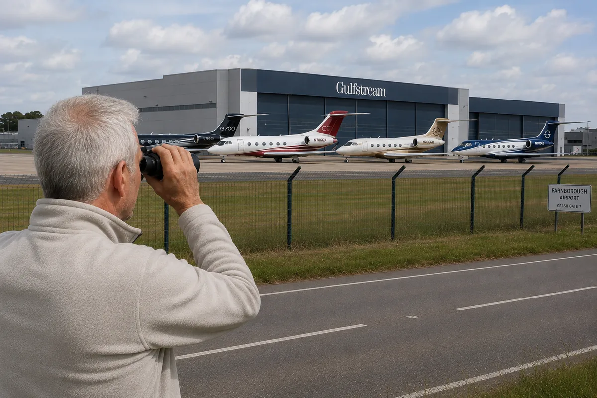A retired spotter with binoculars watching business jets over the fence at Farnborough Airport